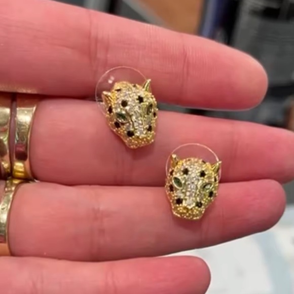 Anthropologie Jewelry - Panthere Gold Green Eyes Stud Earrings